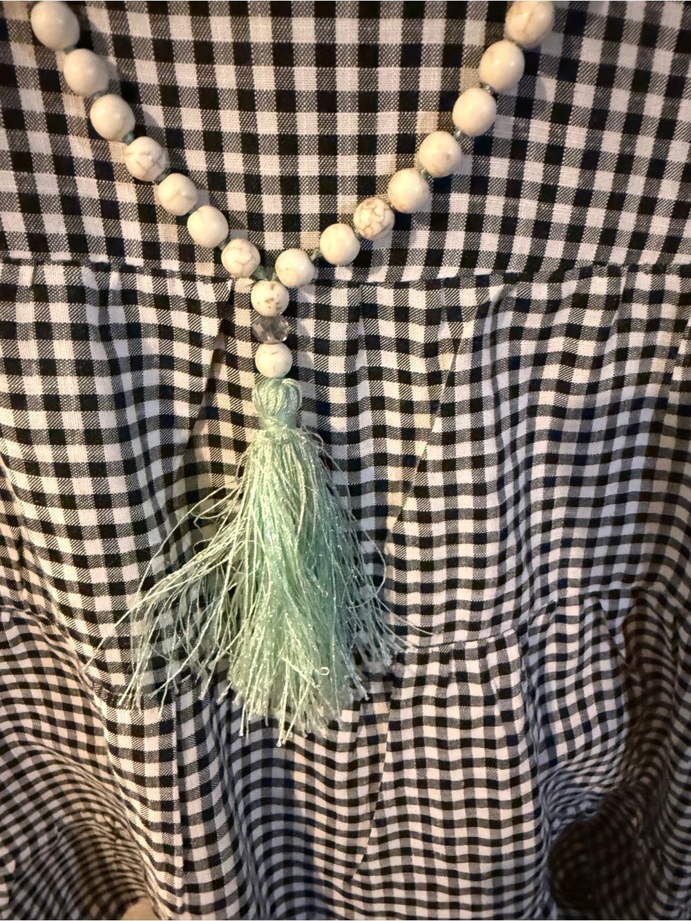 Source Unknown White Bead Necklace with Mint Tassel
